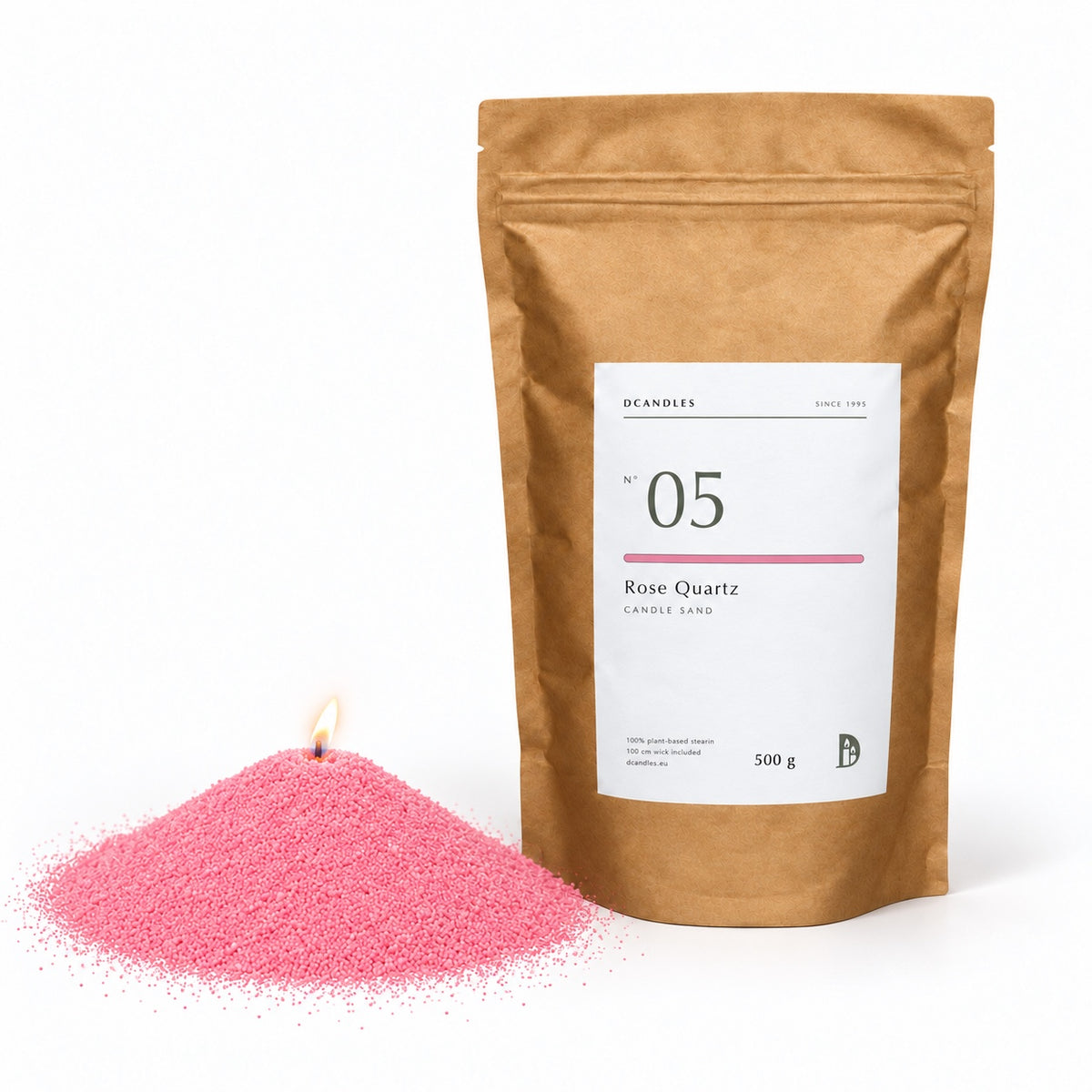 Candle sand N° 05 Rose Quartz, lit, next to its kraft bag